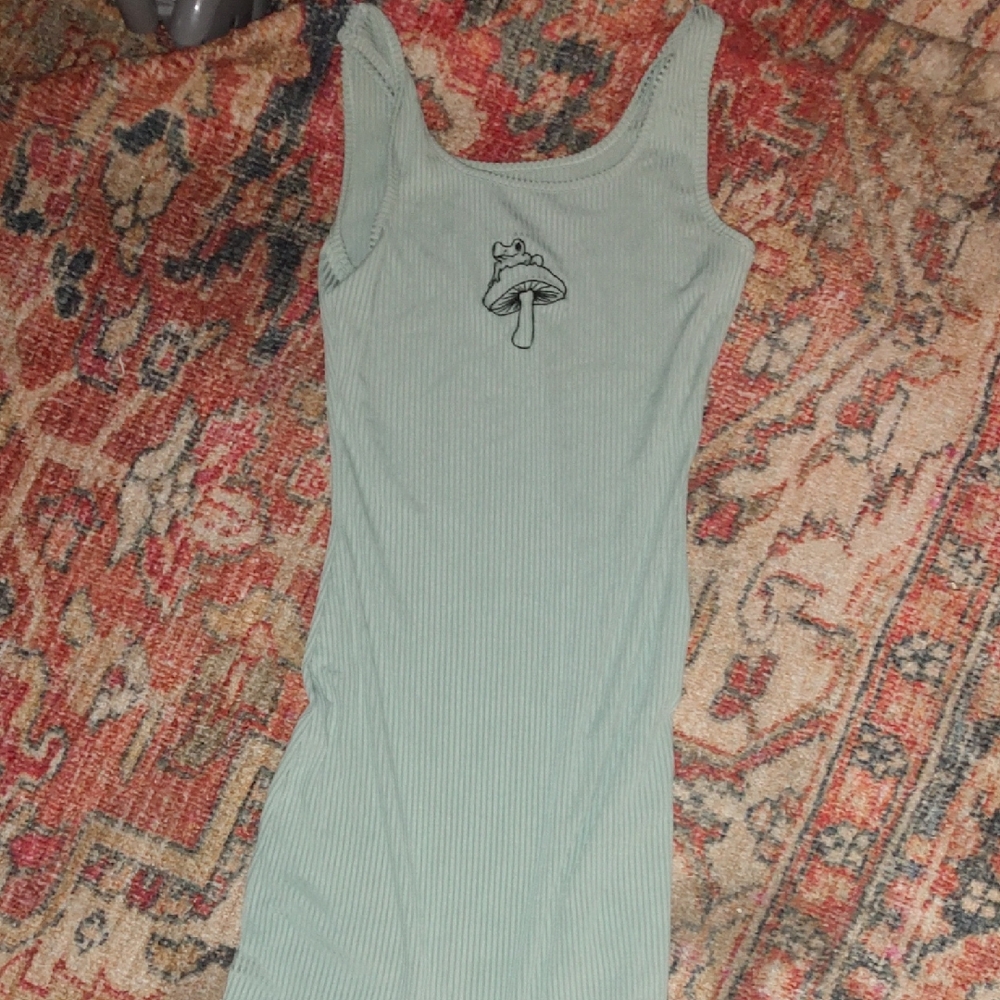 Green Ribbed Tank Dress with Frog On Mushroom Design Size xs